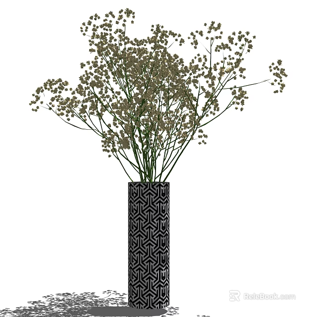 Black Geometric Pattern Vase With Small Flowers And Slender Green Stems 3d model