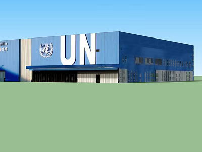 UN Building Exterior With Blue Facade And Prominent UN Logo Design 3d model