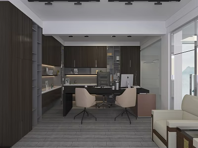 Modern Office Interior Design With Dark Cabinets Office Desk Chairs Sofa And Large Windows 3d model