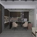 Modern Office Interior Design With Dark Cabinets Office Desk Chairs Sofa And Large Windows