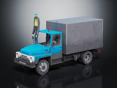 Blue Truck With Gray Cargo Box And Worker In Yellow Vest 3d model