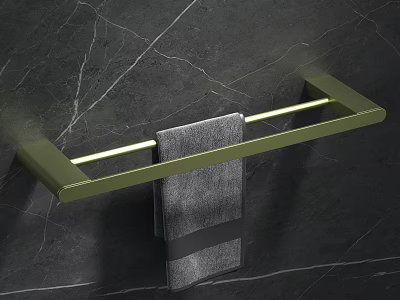 Green Bathroom Towel Rack With Gray Towel On Dark Marble Wall 3d model