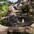 Scenic Park Landscape With Circular Wooden Walkway Trees Seating And Lush Greenery