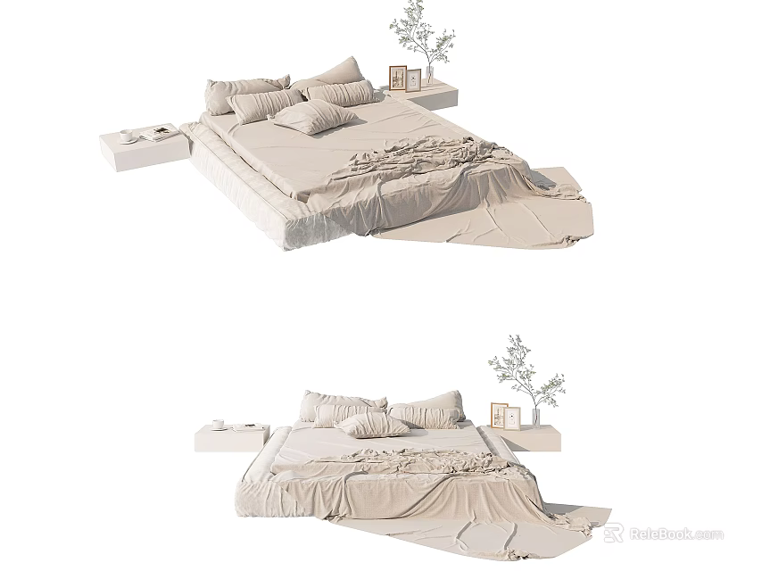 Double Bed With Cozy Pillows And Bedding On Modern Bedside Tables 3d model 