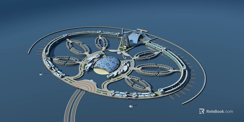 Aerial View Planning of Large Circular Urban Architecture with Central Dome and Ring Structures 3d model 