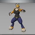 Anthropomorphic Tiger Character Standing With Striped Face Black Vest Blue Jeans And Black Gloves