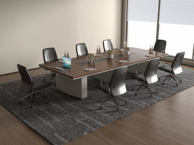 Modern Conference Table With Wooden Top Black Silver Chairs Water Bottles Vase And Gray Carpet 3d model
