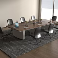 Modern Conference Table With Wooden Top Black Silver Chairs Water Bottles Vase And Gray Carpet