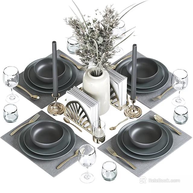 Elegant Gray Dinnerware Set With Silver Cutlery Glassware Candle Holders And Flower Vase 3d model 