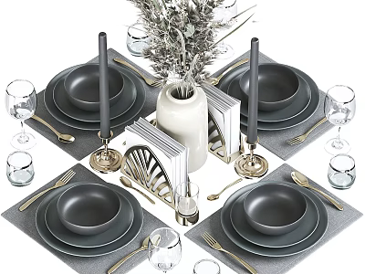 Elegant Gray Dinnerware Set With Silver Cutlery Glassware Candle Holders And Flower Vase 3d model