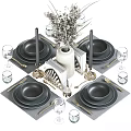 Elegant Gray Dinnerware Set With Silver Cutlery Glassware Candle Holders And Flower Vase