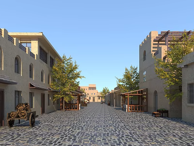 Traditional Commercial Street With Cobblestone Pavement Arched Window Buildings Trees Benches And Tower Structures 3d model