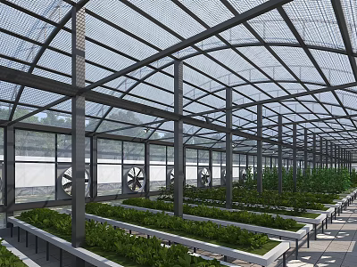 Garden Landscape Greenhouse With Glass Roof Metal Frame Neatly Arranged Planting Beds Greenery And Fans 3d model