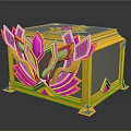 Ornate Decorative Device With Golden Frame Pink Accents Transparent Panel And Reflective Surface