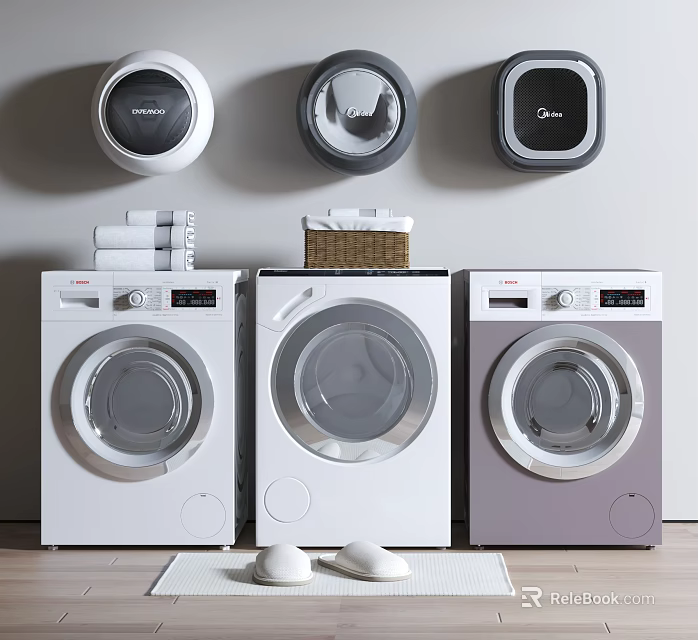 Three Modern Washing Machines White And Purple With Wall Mounted Dryers Towels And Laundry Balls 3d model 