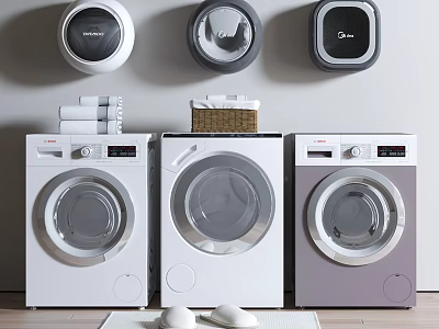 Three Modern Washing Machines White And Purple With Wall Mounted Dryers Towels And Laundry Balls 3d model