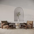 Wooden Frame Leisure Chairs With Woven Seats And Round Coffee Table By Arched Window