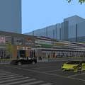 Bustling Commercial Street With Modern Glass Facades Colorful Stores Cars Pedestrians And Trees