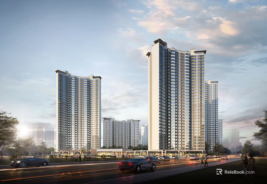 Modern Tall Residential Buildings in Urban Area With Road And Cars Under Cloudy Sky 3d model 