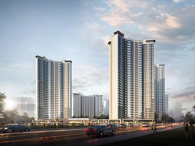 Modern Tall Residential Buildings in Urban Area With Road And Cars Under Cloudy Sky 3d model