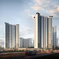 Modern Tall Residential Buildings in Urban Area With Road And Cars Under Cloudy Sky
