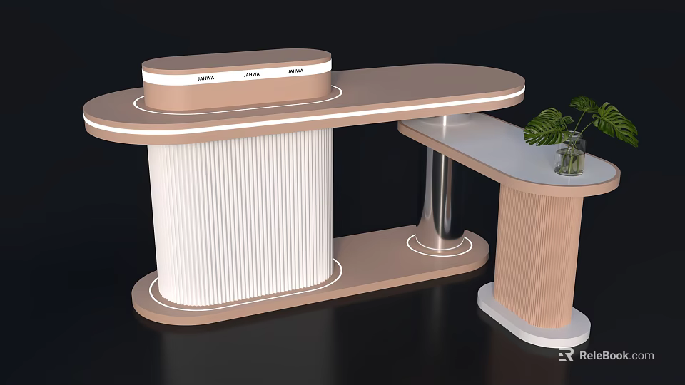 Modern Display Cabinet With Curved Countertop Ribbed Panel Metal Legs Side Shelf And Potted Plant 3d model 