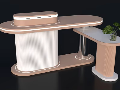 Modern Display Cabinet With Curved Countertop Ribbed Panel Metal Legs Side Shelf And Potted Plant 3d model