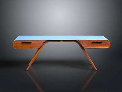 Modern Stylish Wooden Desk With Blue Top Two Drawers And Unique Leg Design 3d model