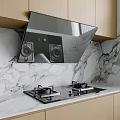 Modern Kitchen Appliances With Gas Stove Range Hood And Marble Backsplash