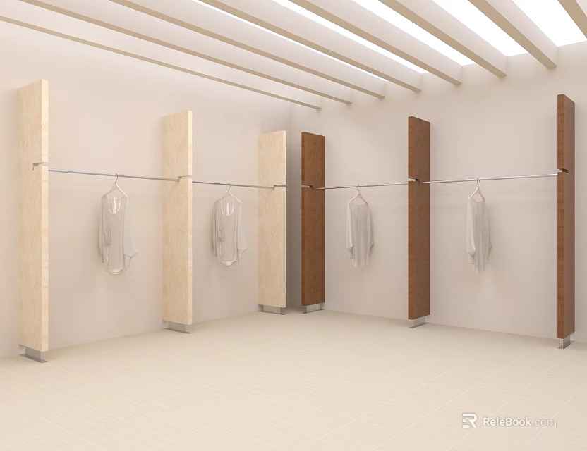Beige and Brown Column Style Display Shelves with Hanging Rods for Clothes in Indoor Space 3d model
