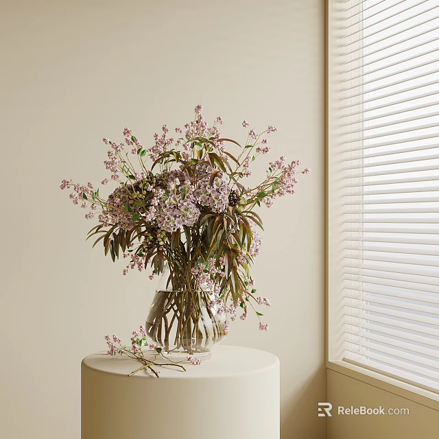 Pink Purple Flowers in Glass Vase on White Round Table by Window Blinds 3d model 