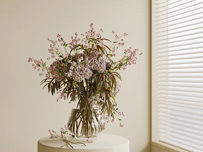 Pink Purple Flowers in Glass Vase on White Round Table by Window Blinds 3d model