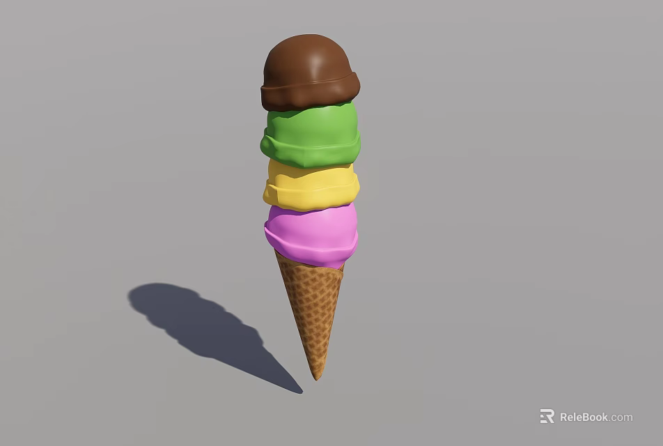 Colorful Ice Cream Cone with Multiple Layers of Different Flavors Topped with Chocolate Waffle Cone 3d model 