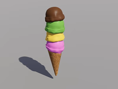 Colorful Ice Cream Cone with Multiple Layers of Different Flavors Topped with Chocolate Waffle Cone 3d model