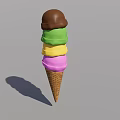 Colorful Ice Cream Cone with Multiple Layers of Different Flavors Topped with Chocolate Waffle Cone