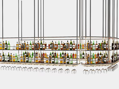 Stylish Wine Cabinet With Multi tiered Shelves Holding Various Wine Bottles And Hanging Wine Glasses 3d model
