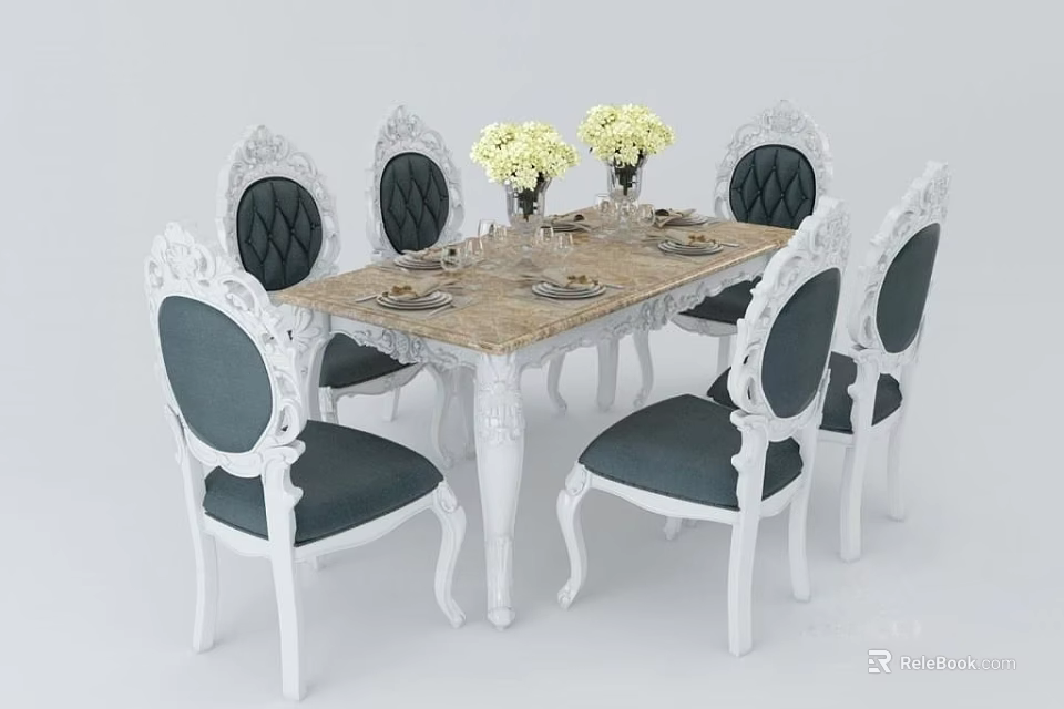 Elegant White Frame Dining Table Set With Dark Cushions Wooden Top And Yellow Flower Vases 3d model 