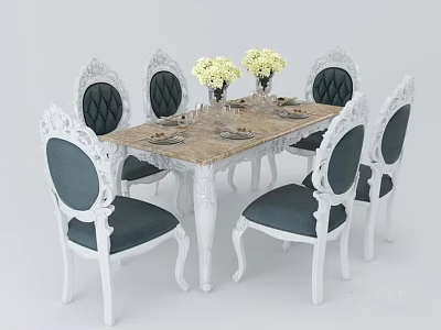 Elegant White Frame Dining Table Set With Dark Cushions Wooden Top And Yellow Flower Vases 3d model
