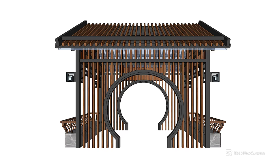 Traditional Landscape Pavilion With Wooden Slats Circular Arch And Stone Benches 3d model 