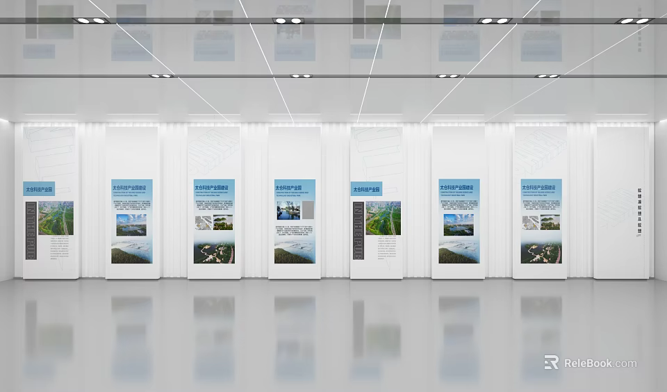 Exhibition Space Featuring White Display Boards Blue White Posters Scenic Images Text Ceiling And Lighting 3d model 