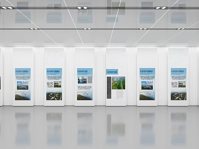 Exhibition Space Featuring White Display Boards Blue White Posters Scenic Images Text Ceiling And Lighting 3d model