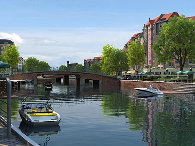 Scenic River Landscape With Stone Bridge Red Roofed Buildings Green Trees And Boats 3d model