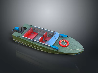 Small Green Boat Design Featuring Red Seats Blue Accents And Orange Lifebuoy 3d model
