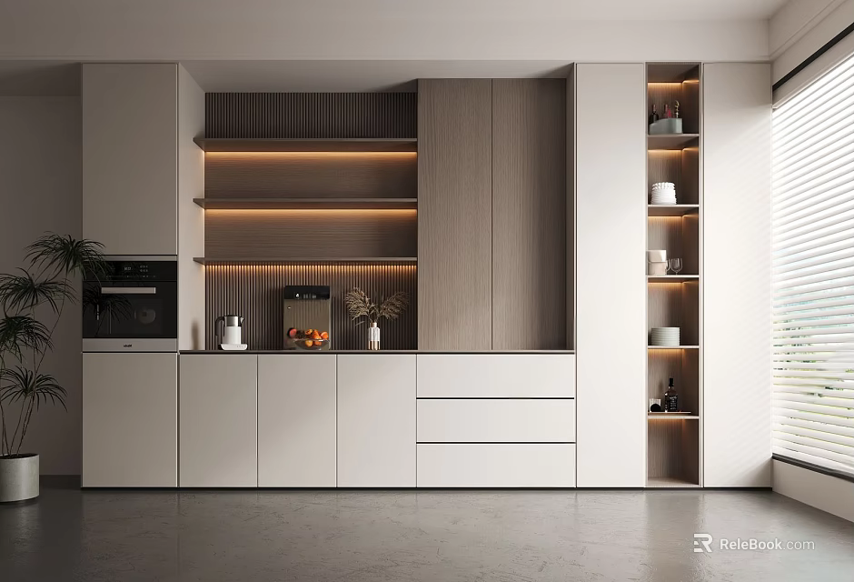 Modern Kitchen Interior With Stylish Wine Cabinet Wooden Shelves And LED Lighting 3d model 