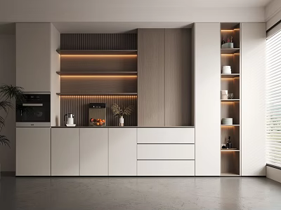 Modern Kitchen Interior With Stylish Wine Cabinet Wooden Shelves And LED Lighting 3d model