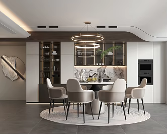 Modern Restaurant Dining Table and Chair Combination Round Dining Table Dining Chair Wine Cabinet Decorative Cabinet 3d model