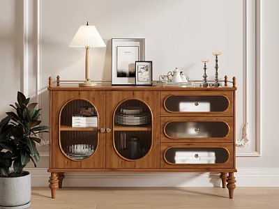 Classic Wooden Sideboard In Living Room With Glass Doors Table Lamp Photo Frames And Dishes 3d model