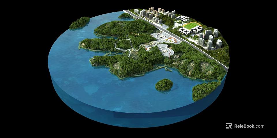 Aerial Planning of Island Urban Development With Green Spaces and Waterfront Buildings 3d model 