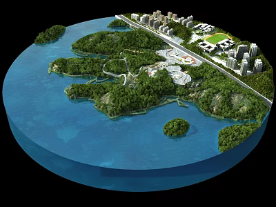 Aerial Planning of Island Urban Development With Green Spaces and Waterfront Buildings 3d model
