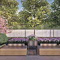 Outdoor Wooden Bench In Garden With Trees Purple Flowers White Wall And Metal Planter